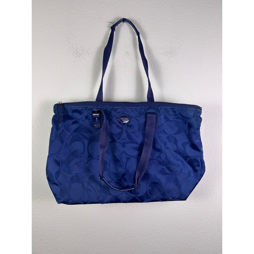Coach Blue Signature C Nylon Satin Tote Bag Shoulder Purse Jacquard Zip Top